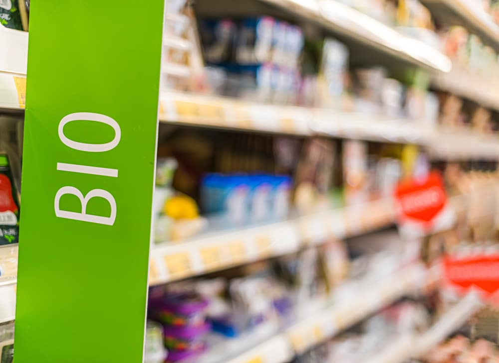 Bio food products put up for sale in a supermarket